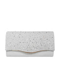 Women's dinner clutch bag in woven fabric with rhinestone dress garment design, available in black, champagne, and silver