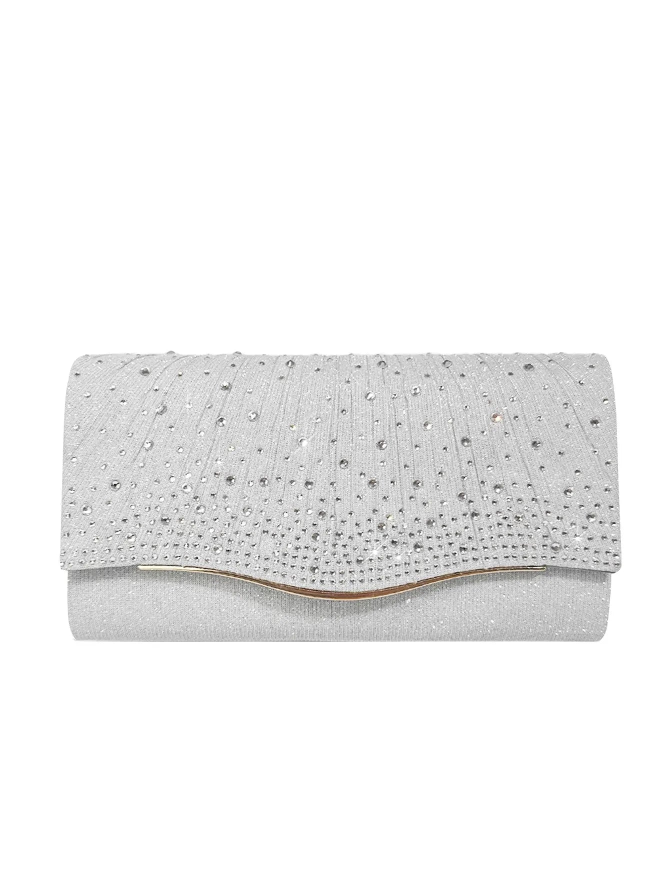 Women's dinner clutch bag in woven fabric with rhinestone dress garment design, available in black, champagne, and silver
