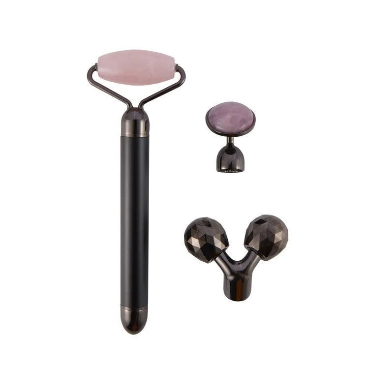 3-in-1 vibrating facial jade roller set with rose quartz heads in rose gold colour