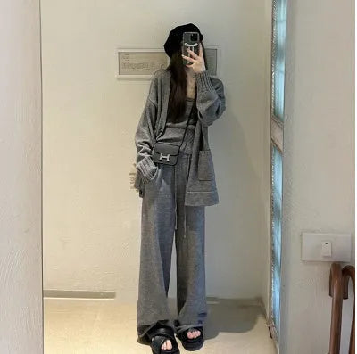 Women's knit cardigan vest suspender pants three-piece set in Japanese Korean casual style