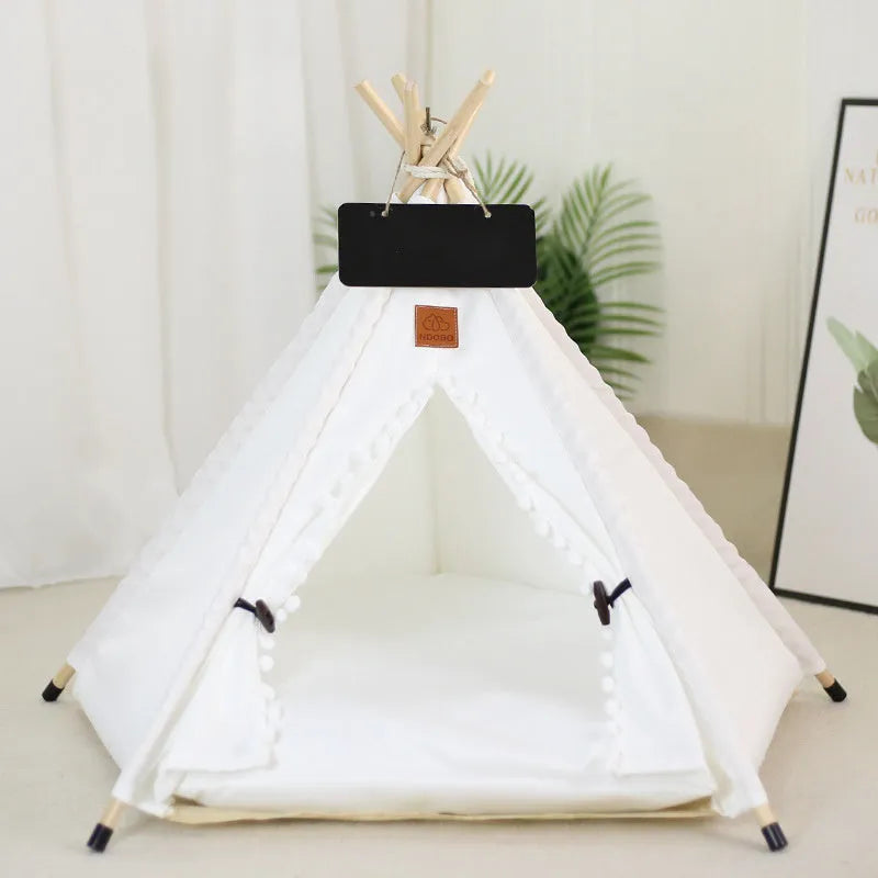 Striped flax and linen pet teepee tent with cushion for small dogs, cats, or rabbits