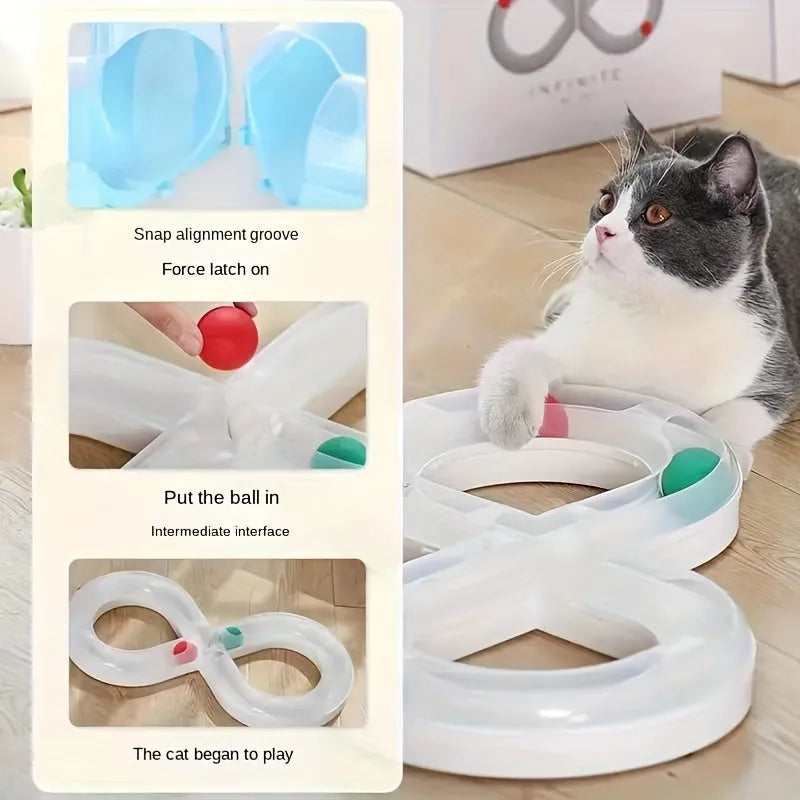 Blue and white cat turntable track toy with ball measuring 50cm long