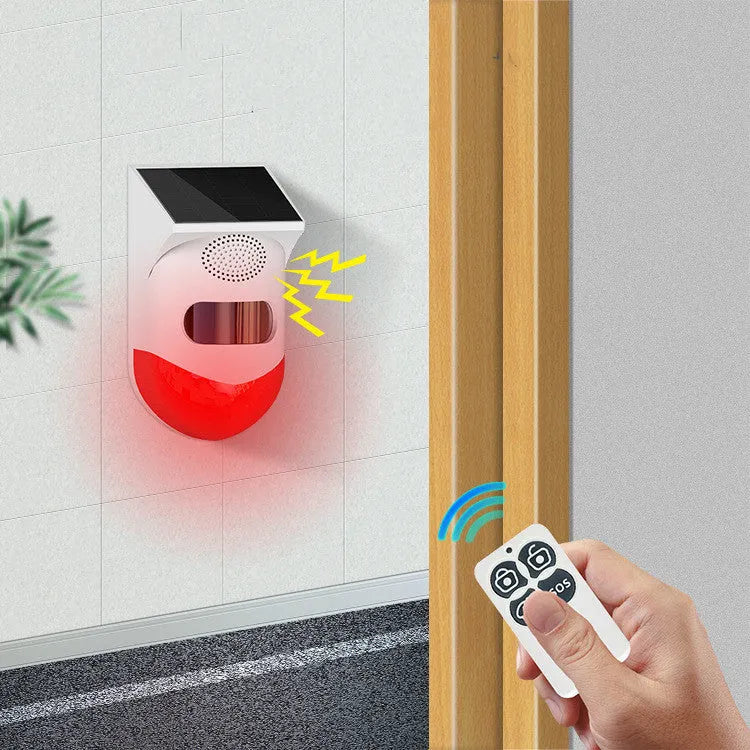 Solar-powered infrared security alarm with wall mount and remote control