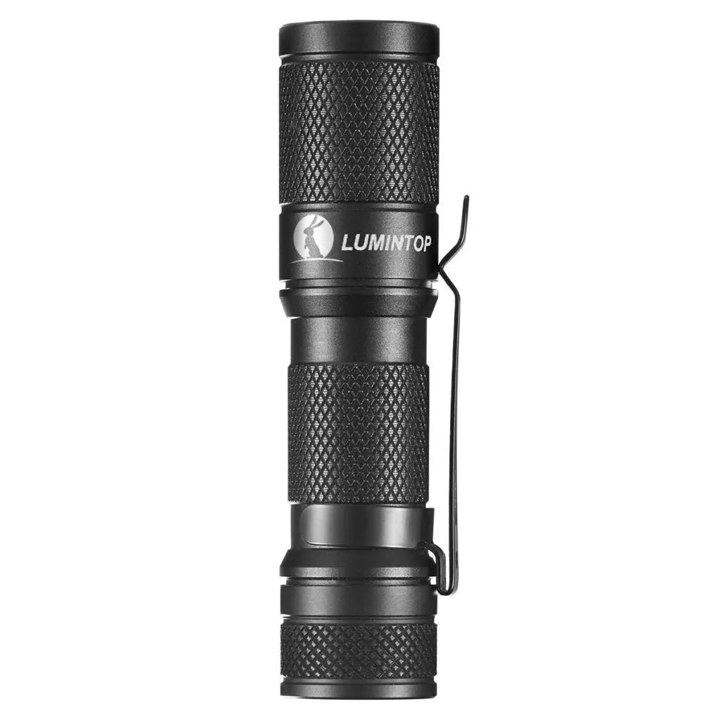 Lumintop Tool AA2.0 black keychain flashlight with tail switch and pocket clip on white background
