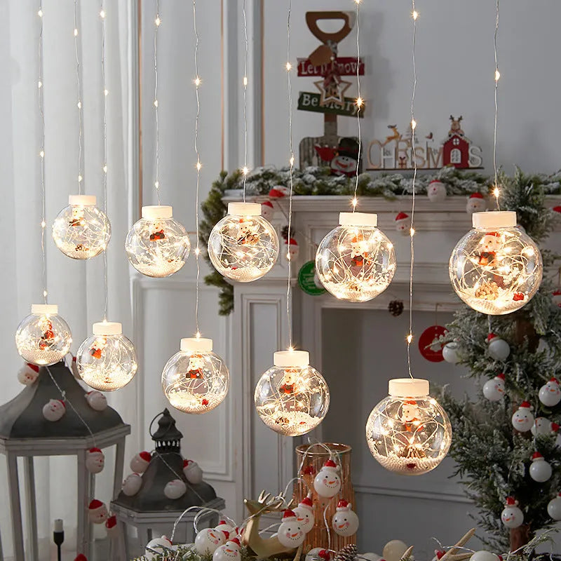 LED Christmas curtain light string with 10 wishing ball lamps showing snowman, Christmas tree and elder designs