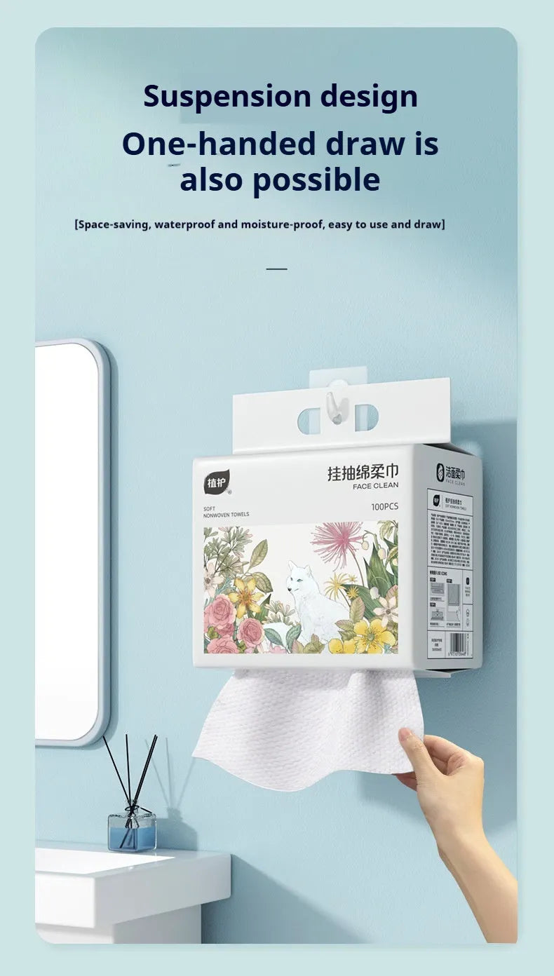 Disposable soft towel roll with 100 sheets in packaging showing viscose-polyester blend materials