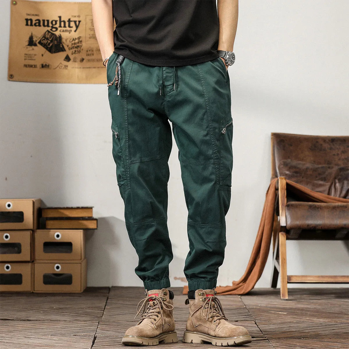 Men's cotton harem pants with tapered ankle bands in khaki, peacock green, coffee, or black colours