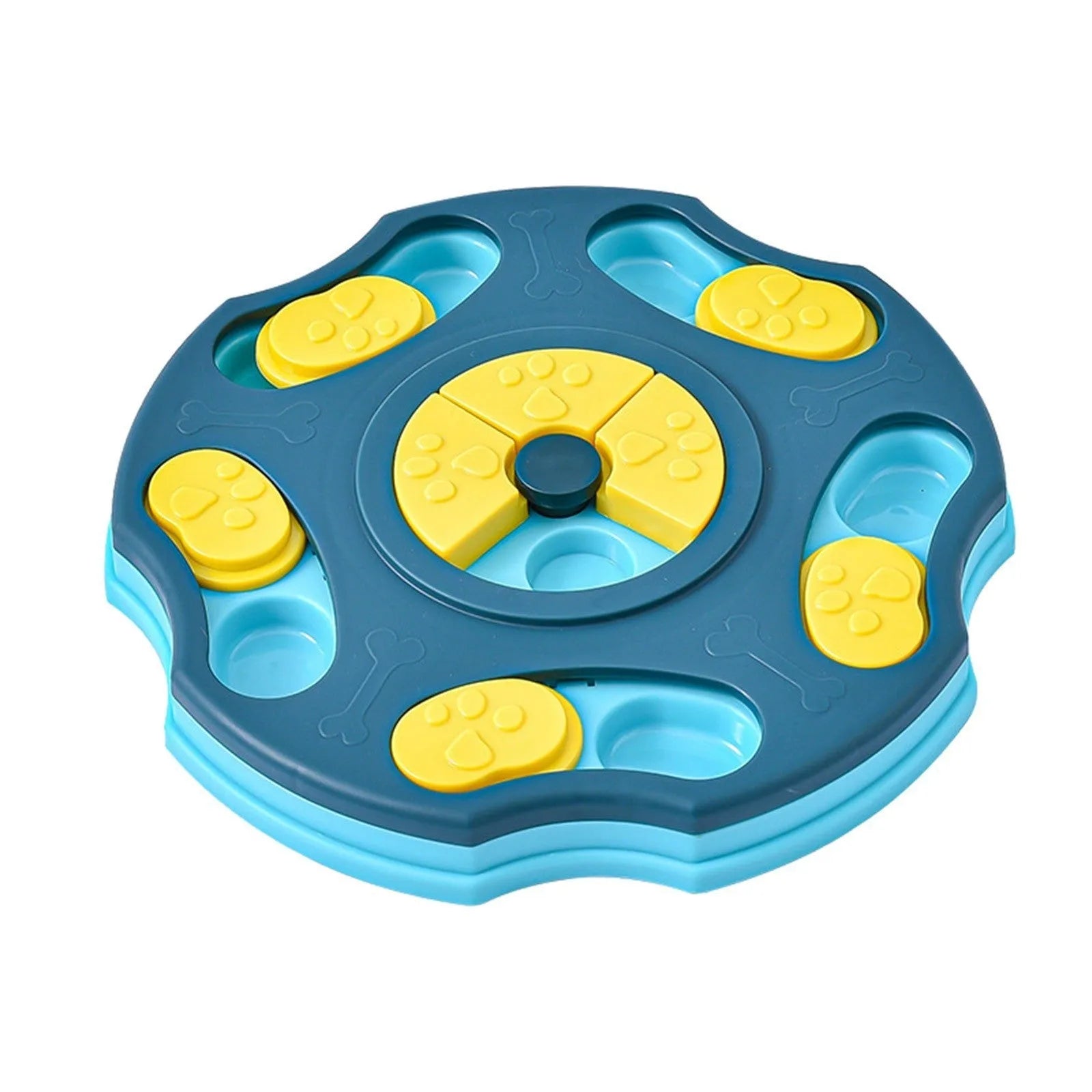 Blue dog puzzle feeder toy with interactive food searching design for aggressive chewers