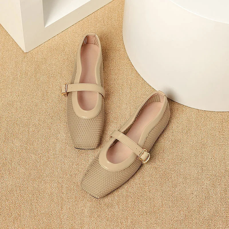 Women's beige mesh summer shoes with buckle fastening and square toe