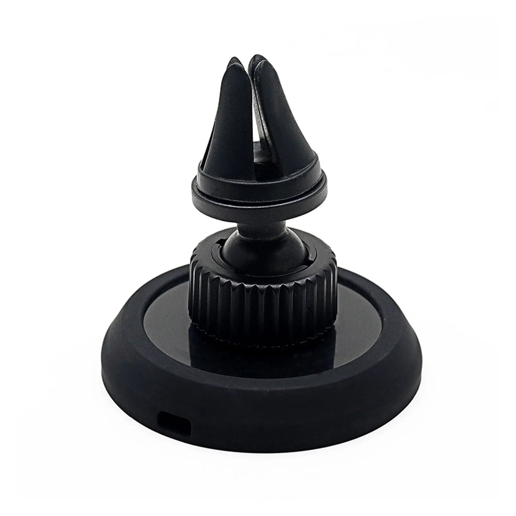 Black magnetic mobile phone car holder with snap-in design showing dual mounting options