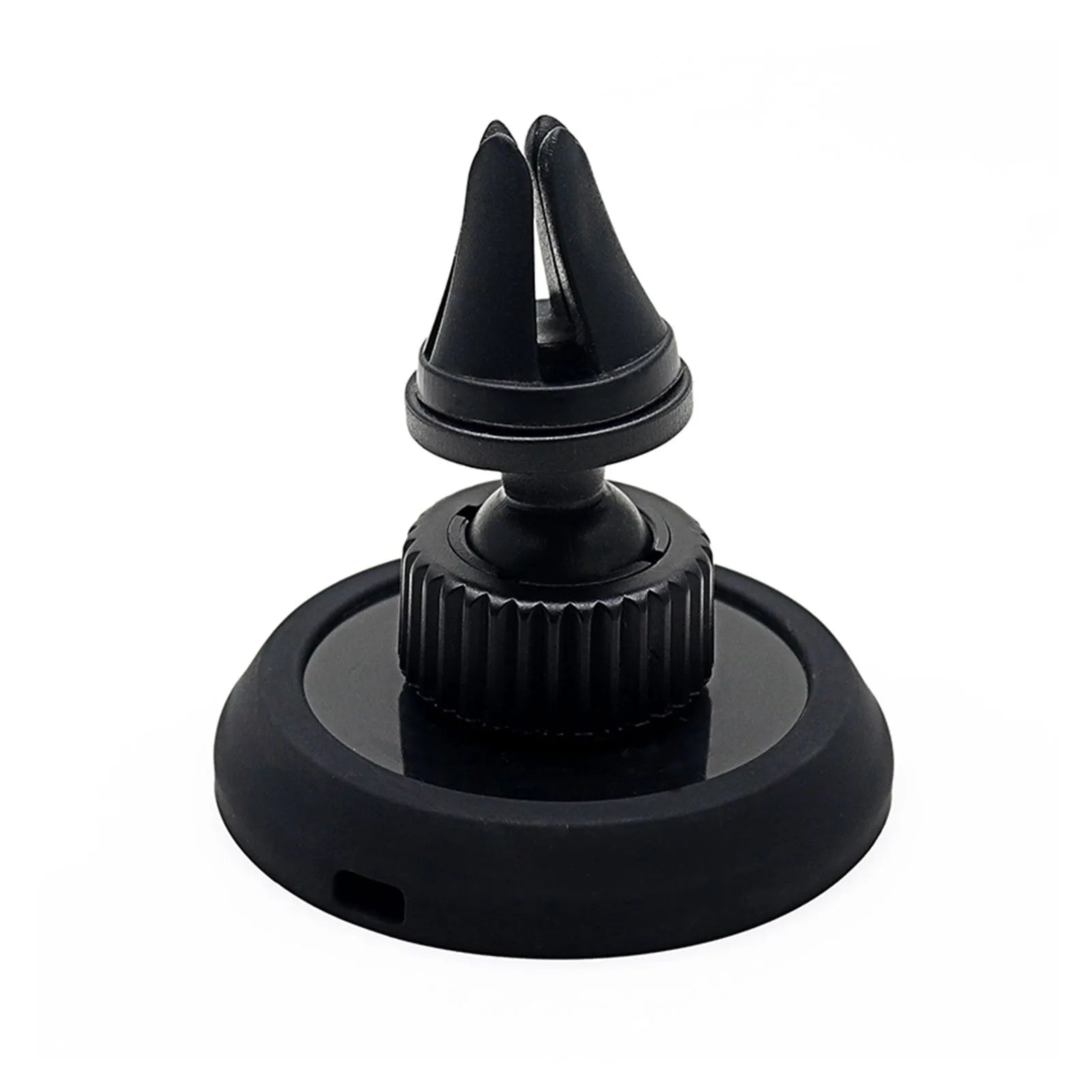 Black magnetic mobile phone car holder with snap-in design showing dual mounting options