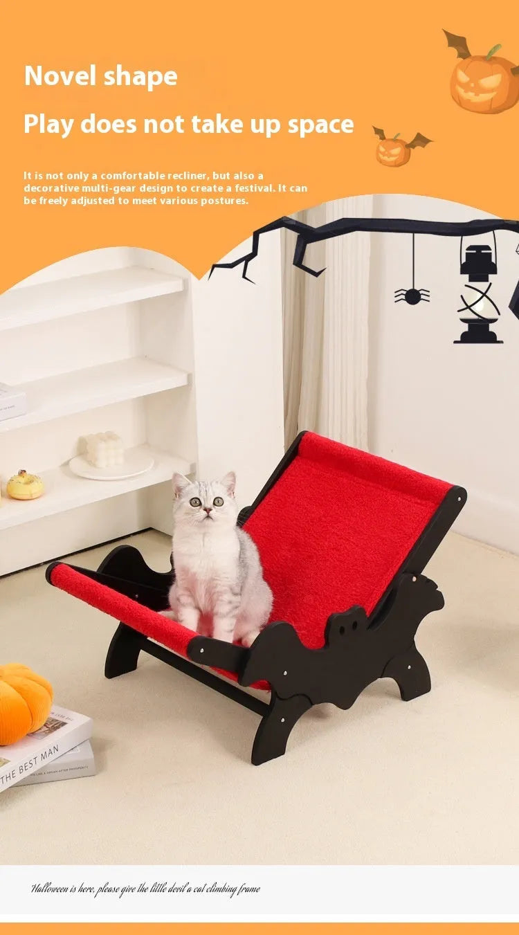 Black and red wooden cat recliner lounge chair with cage structure, model MW-054.