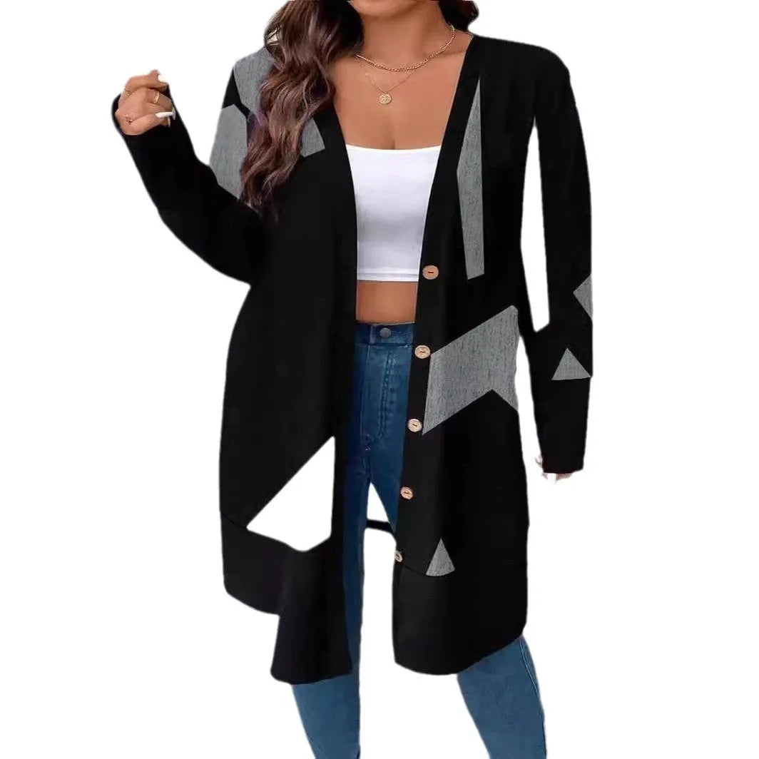 Black plus size polyester cardigan with button fastening in Japanese-Korean casual style