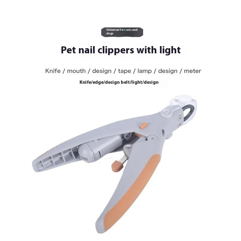 White dog nail clipper with LED light, safety guard, and three LR44 batteries on a blister card.