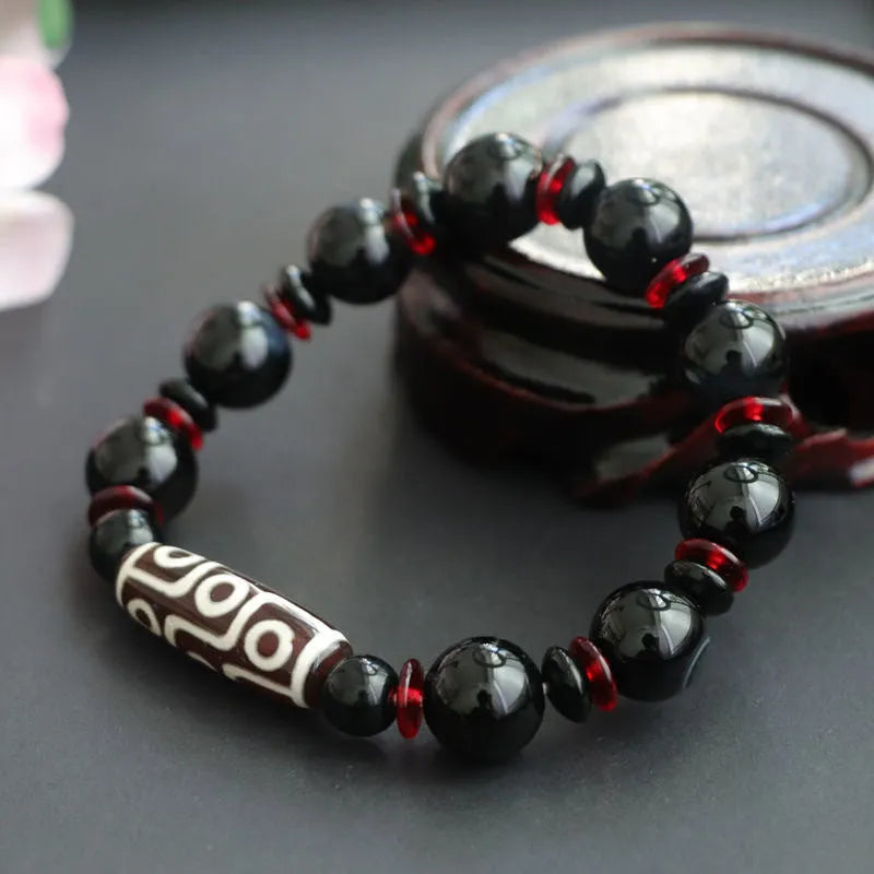 Hand-woven black agate Dzi bead bracelet with 11mm geometry-shaped chalcedony beads