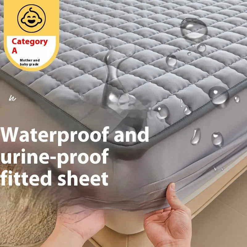 Blue waterproof fitted sheet with elasticated corner on a mattress