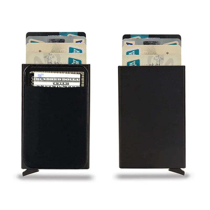 Frosted aluminium metal credit card holder in multiple solid colours showing slim profile