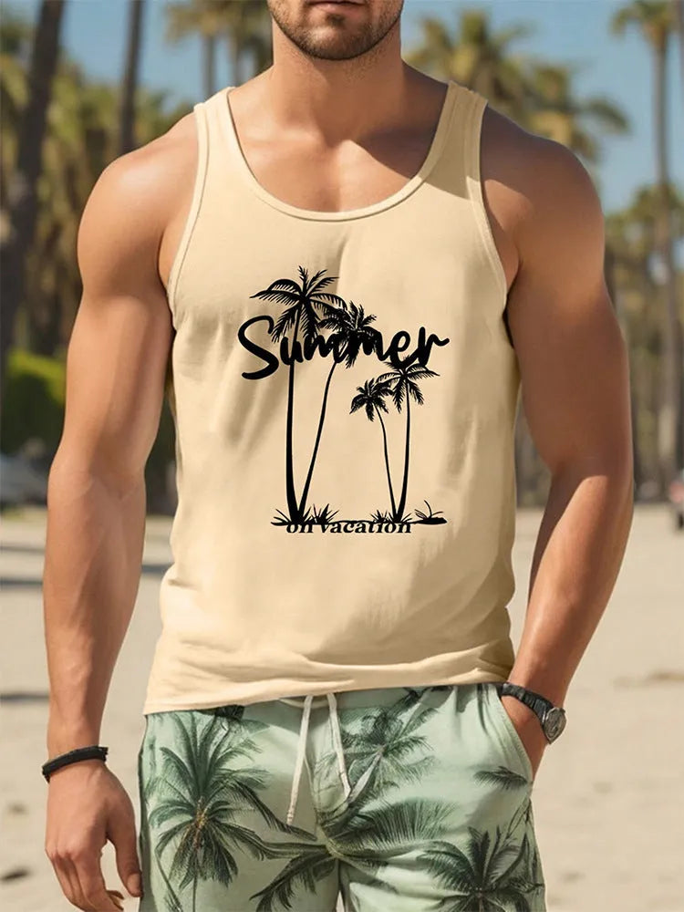 Man wearing a solid colour 3D printed Hawaiian style sleeveless vest t-shirt for casual leisure wear.