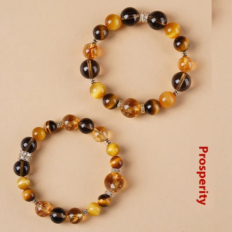 Natural tiger-eye crystal bracelet with yellow tower geometric beads in 10mm or 12mm sizes