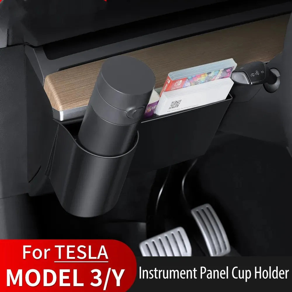 Tesla Model 3 and Model Y dashboard cup holder with waterproof plastic construction and carrying handle