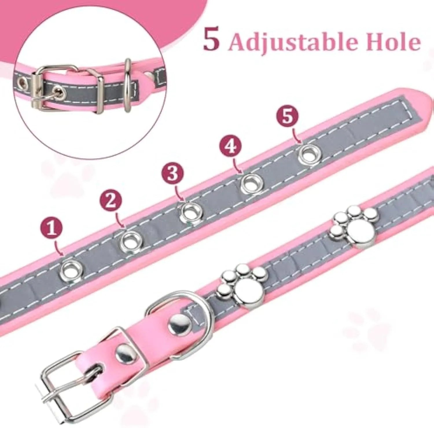 Reflective adjustable leather dog collar with metal buckle and paw rivet on a grey background.