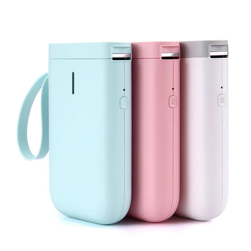 Compact D11 Bluetooth label printer in various colours, showing phone app interface and printed labels.