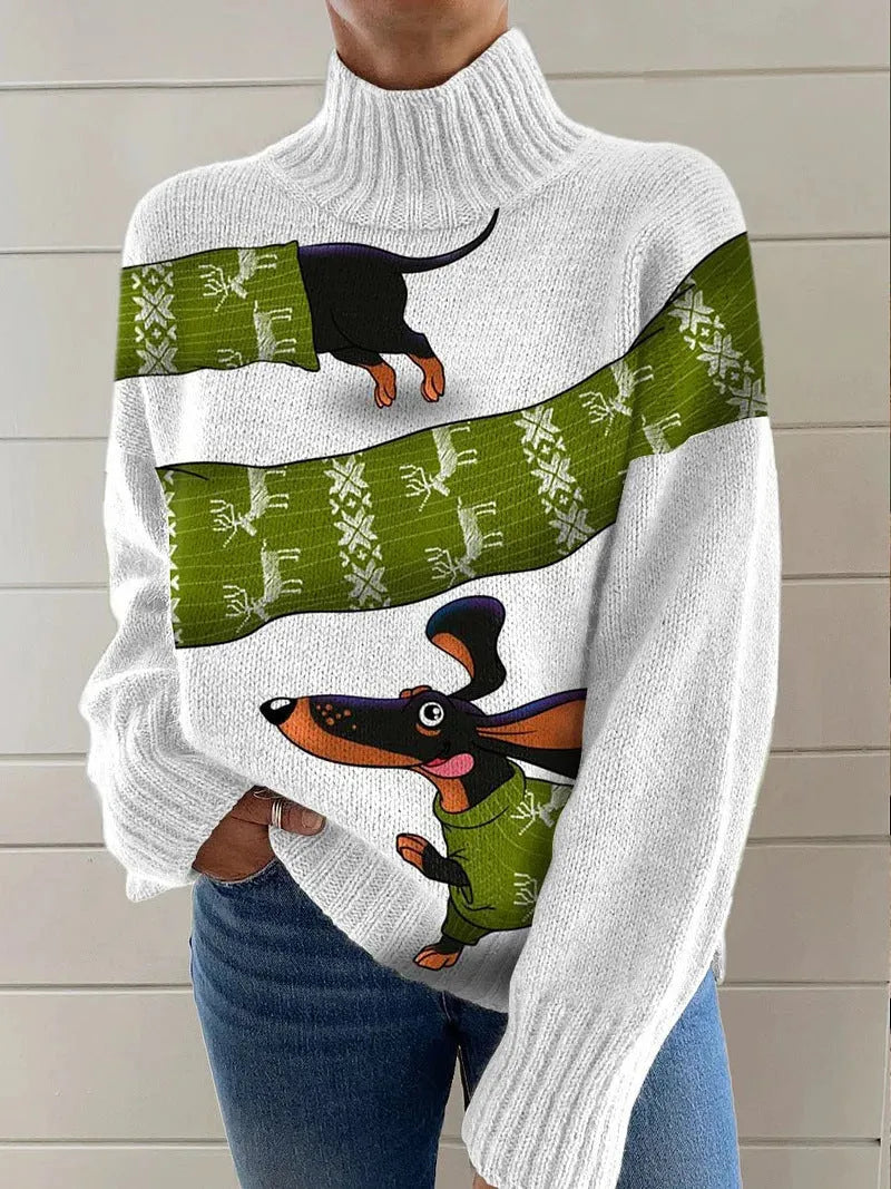 Women's loose fit Christmas printed turtleneck sweater in macaron colours with painting pattern design