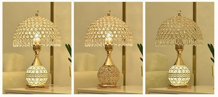 Gold crystal desk lamp with handcrafted pendant on iron art base for bedroom bedside table