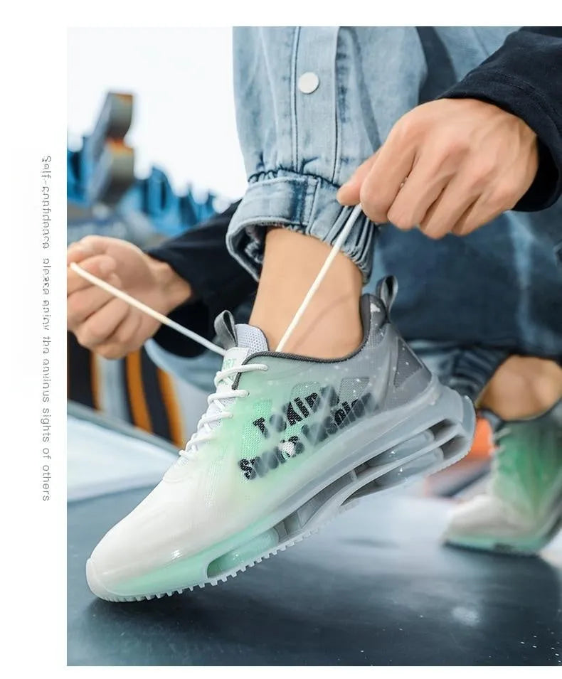 Men's black and green heightened platform casual shoes with mesh upper and rubber sole