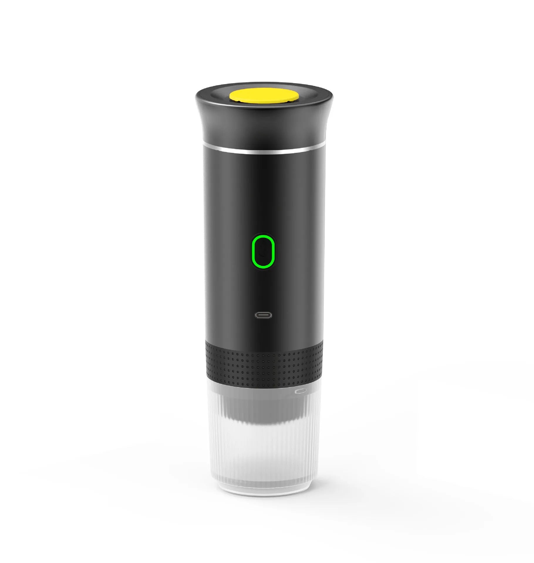 3-in-1 portable espresso maker in white with USB charging cable and ground coffee capsule compartments