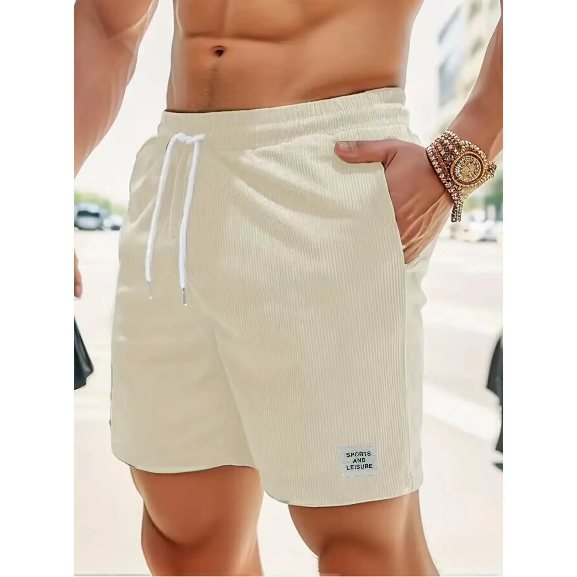 Summer pure colour tie-waist corduroy sports running pants for men and women in breathable polyester fibre