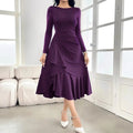 Purple women's long sleeve dress with ruffles and mid-waist design