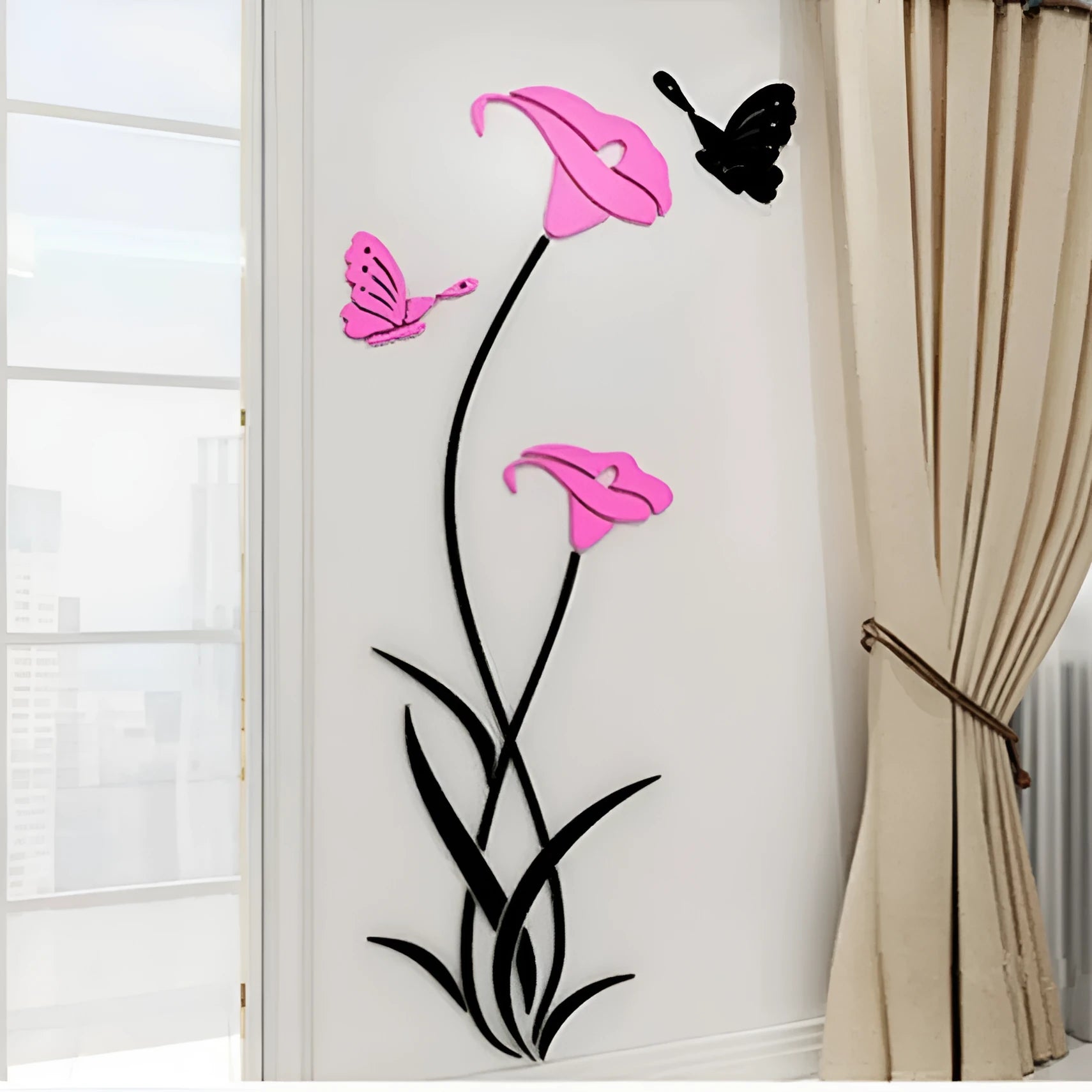 3D acrylic lily wall sticker in silver colour, showing its raised silhouette against a plain wall.