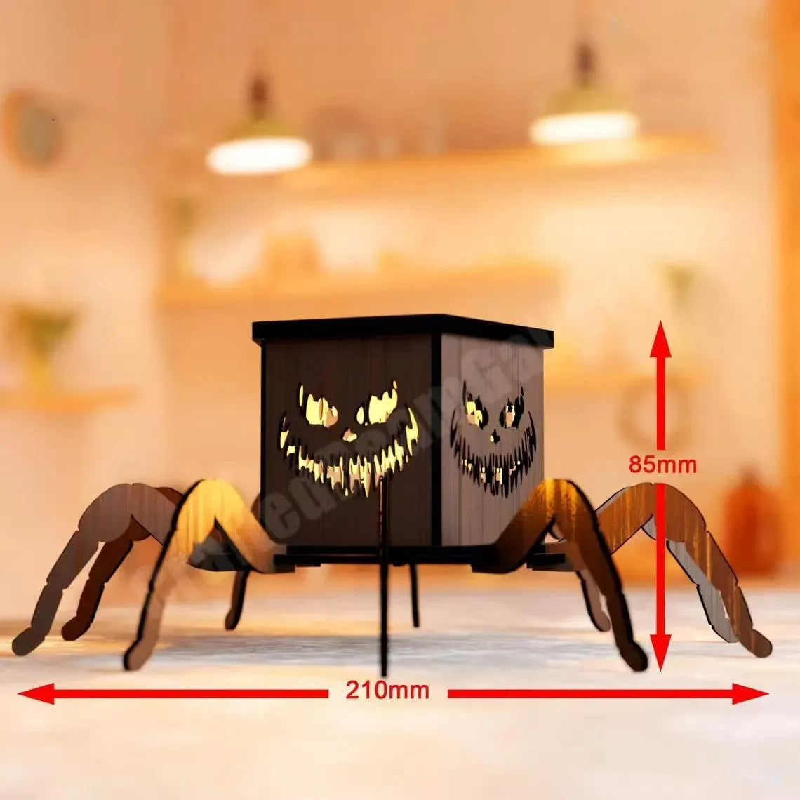 Wooden Halloween candlestick with spider design measuring 21cm by 8.5cm
