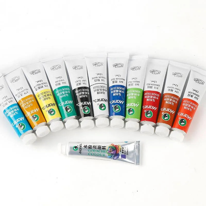 Box of gouache paint tubes showing sets available in 12, 18, and 24 colour options.