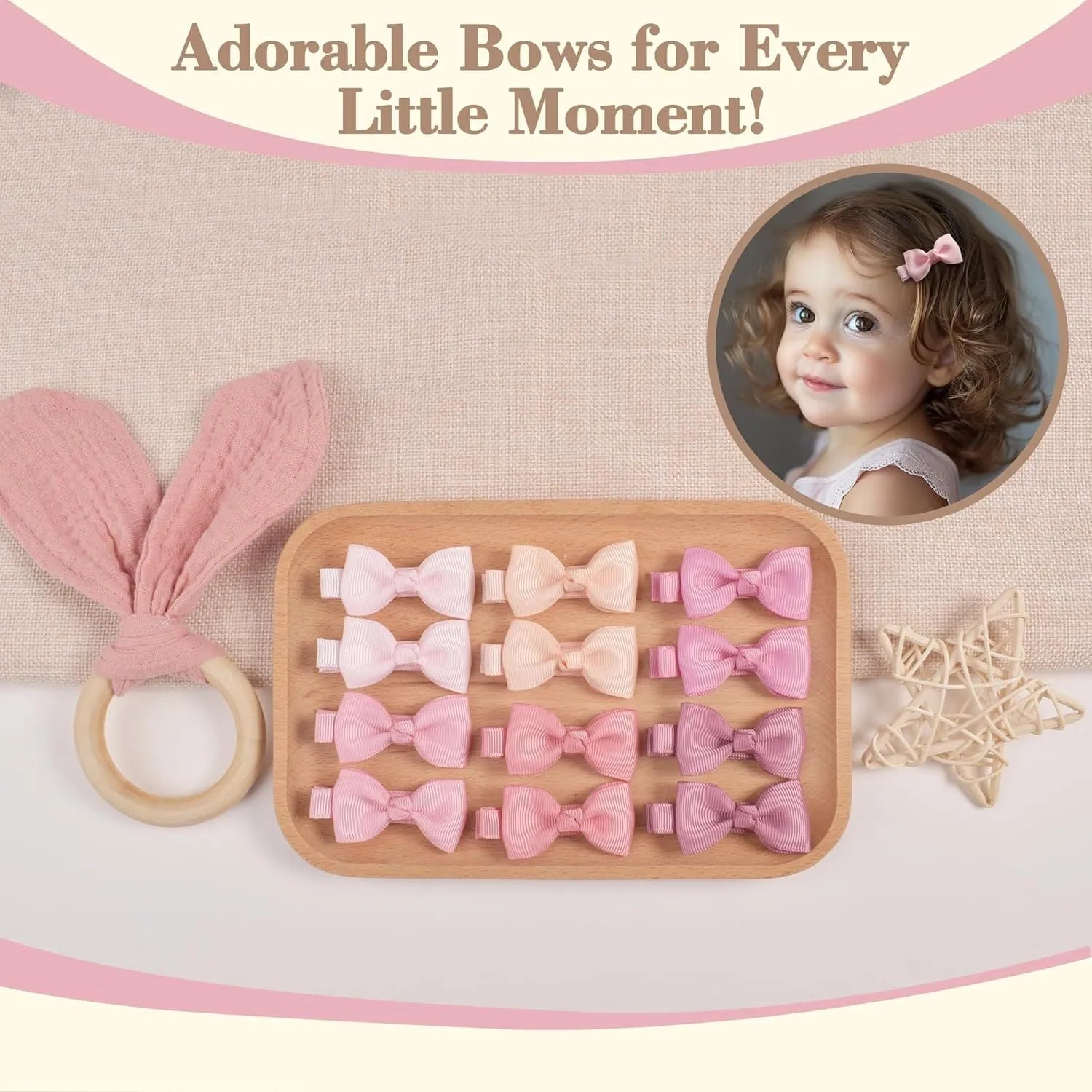 Assortment of pastel-coloured hair clips and bows for babies and toddlers on a white background.