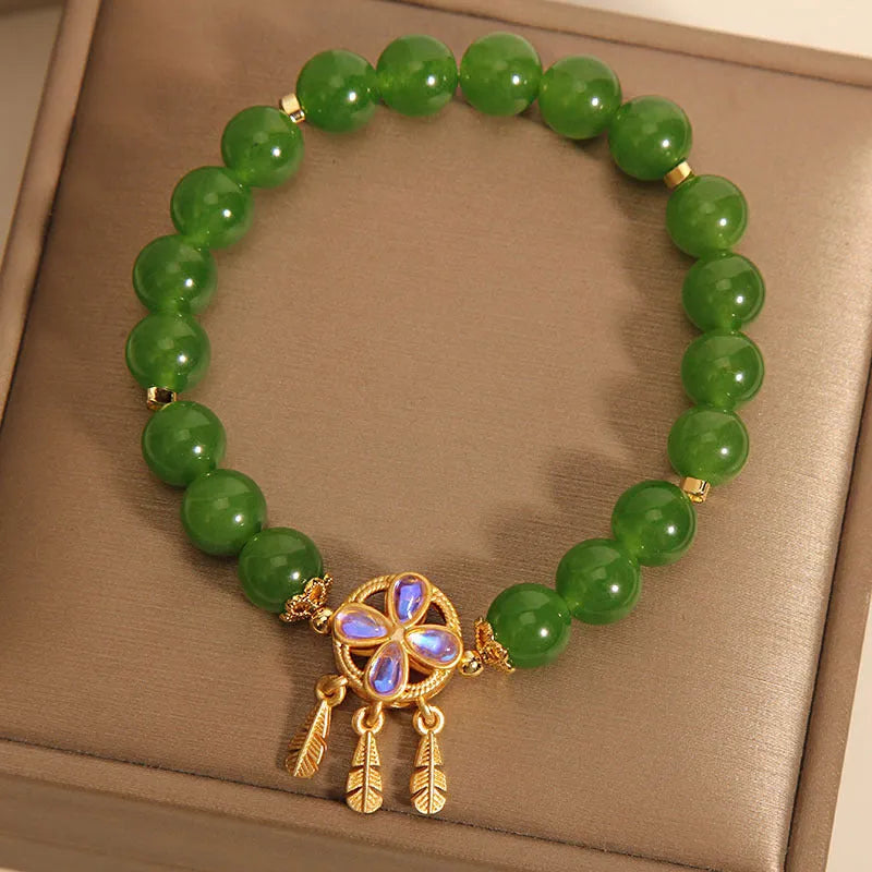 Green jasper crystal bracelet with four-leaf clover dream catcher pendant, women's original design jewellery