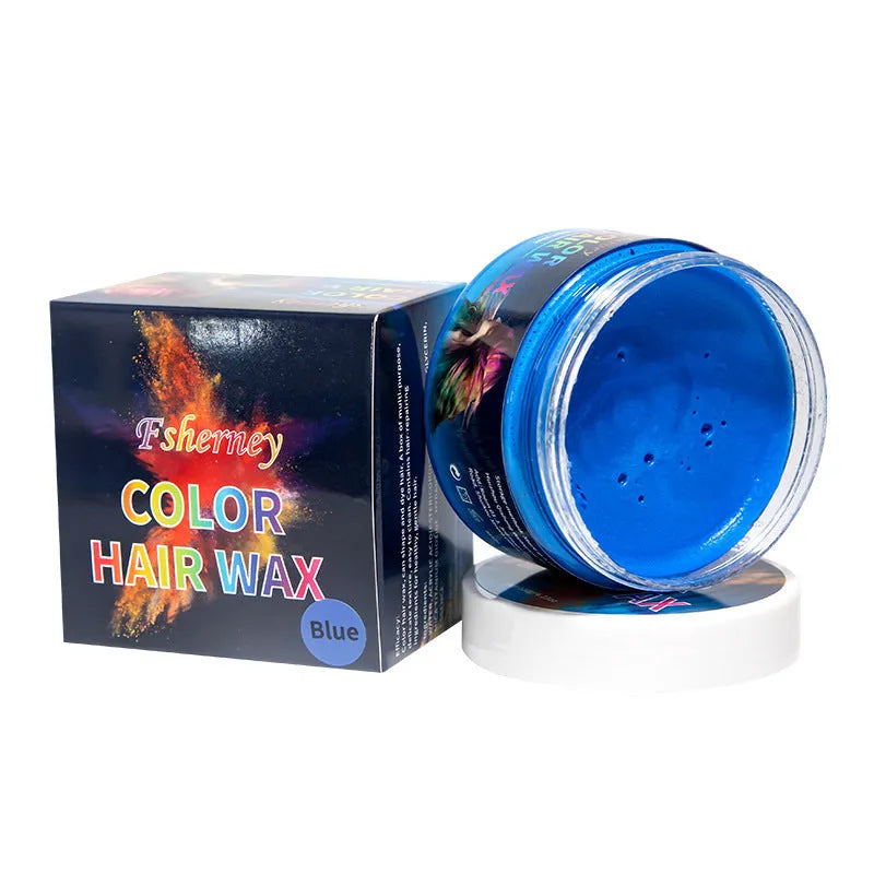 120g jar of hair styling clay showing colour options: blue, green, orange, red, white, yellow, purple, rose, granny grey.