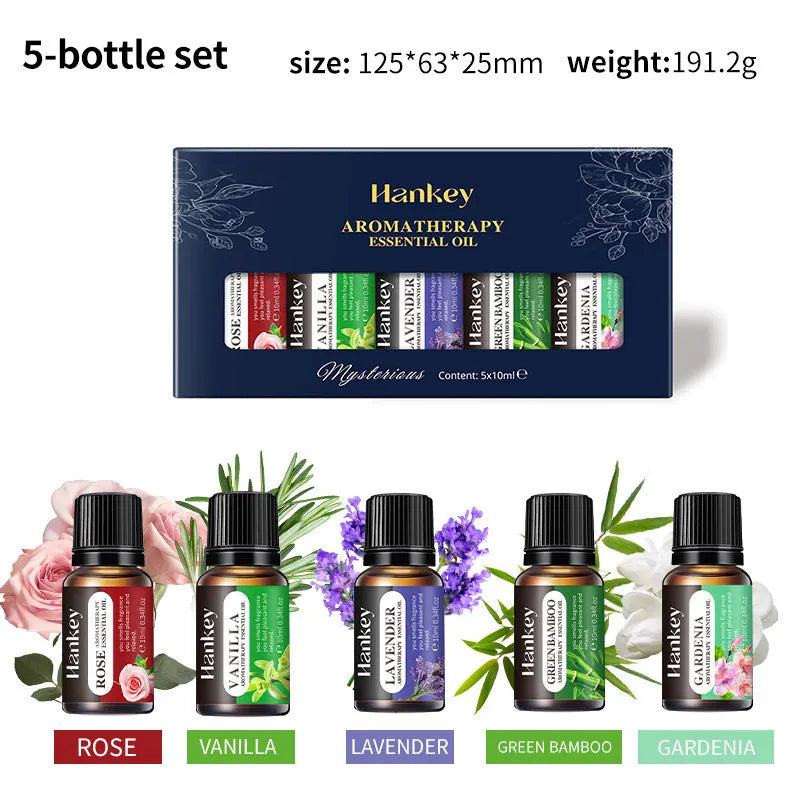 Boxed set of water-soluble aromatherapy essential oil bottles for diffusers.