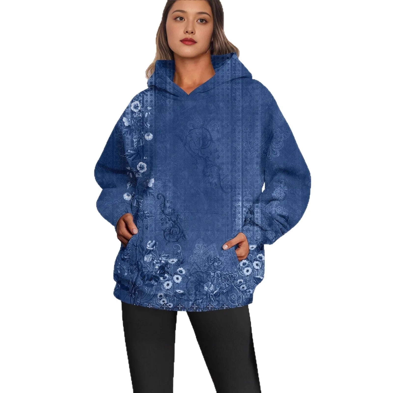 European and American ladies casual style printed hooded top in polyester, multiple colours and sizes available