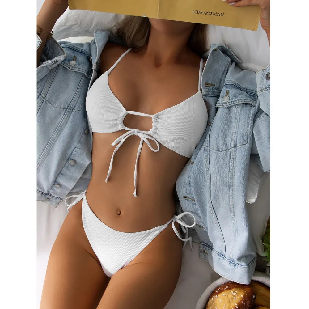 Women's solid colour drawstring bikini swimsuit in briefs style, shown in Army Green