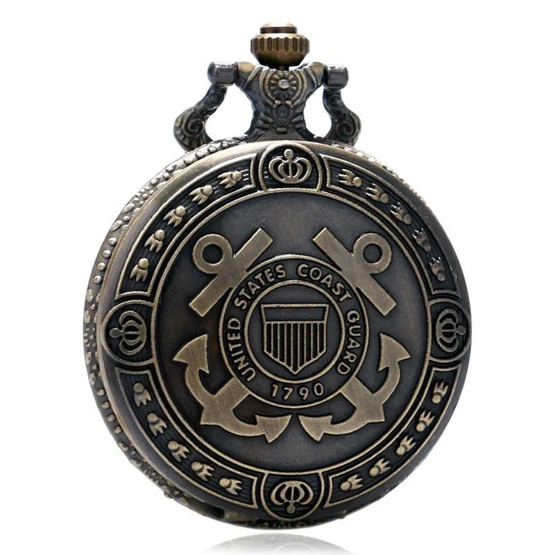 Bronze US Coast Guard 1790 pocket watch with chain, quartz movement, 4.8cm diameter