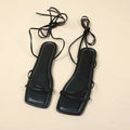 Women's flat sandals with ankle ring bandage strap and square toe in white, black, or orange red.