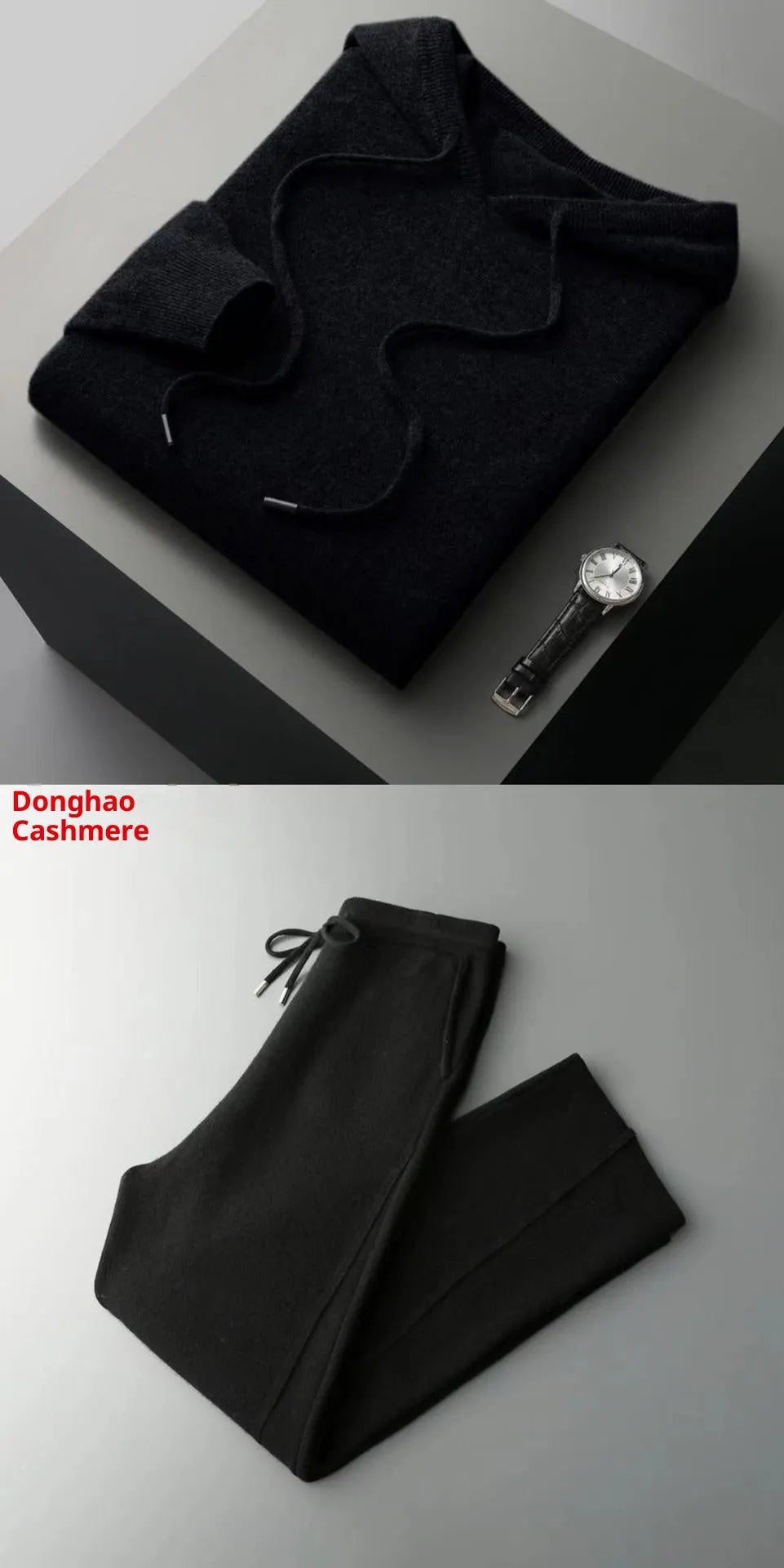 Men's casual two-piece set: seamless wool hoodie with drawstring and matching pants in black, dark gray, and light gray