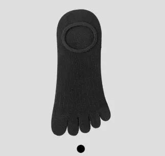 Modal five-finger boat socks in black, shown on a foot with invisible no-show style.