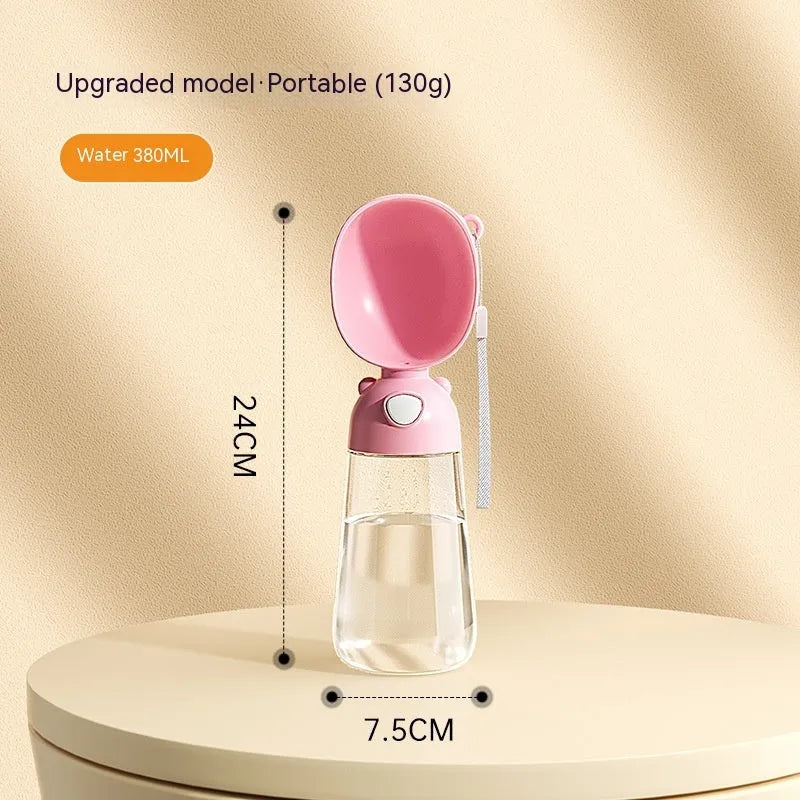 Portable dog water bottle with attached bowl in yellow, pink and brown colour options