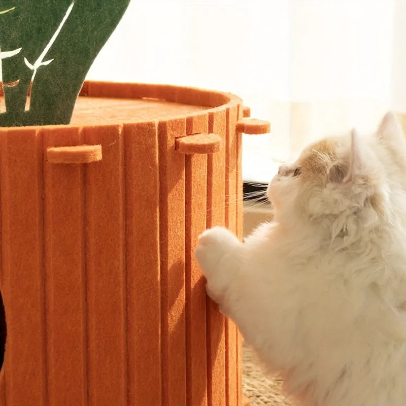 Carrot-shaped grey felt cat tunnel nest for cats, shown in a semi-enclosed design.