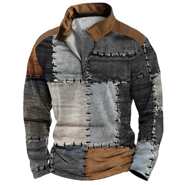 Men's loose fit retro printed golf t-shirt with stripe pattern and zipper decorations on long sleeves