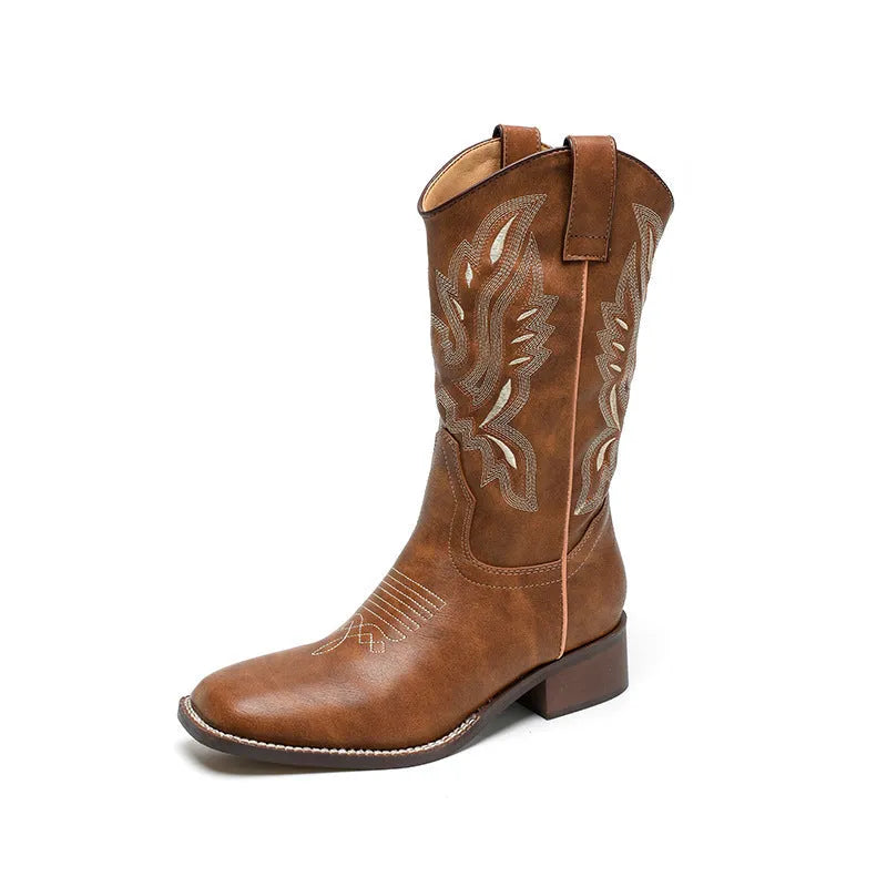 Brown women's embroidered mid-calf Martin boots with leather lining and rubber sole