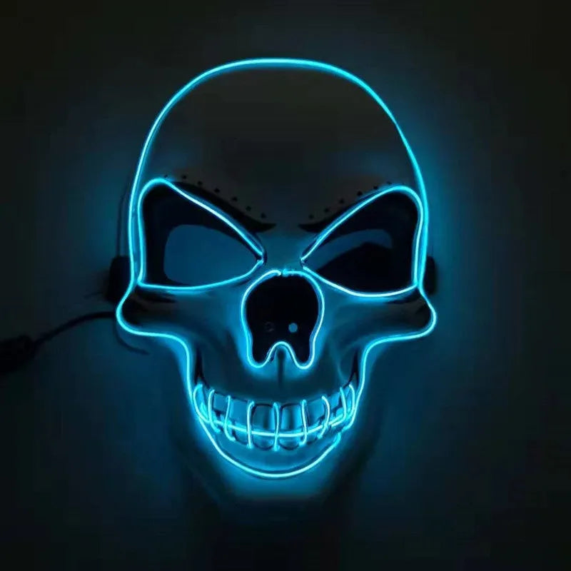 Skull LED glowing Halloween mask with EL wire, available in multiple colours, on a black background